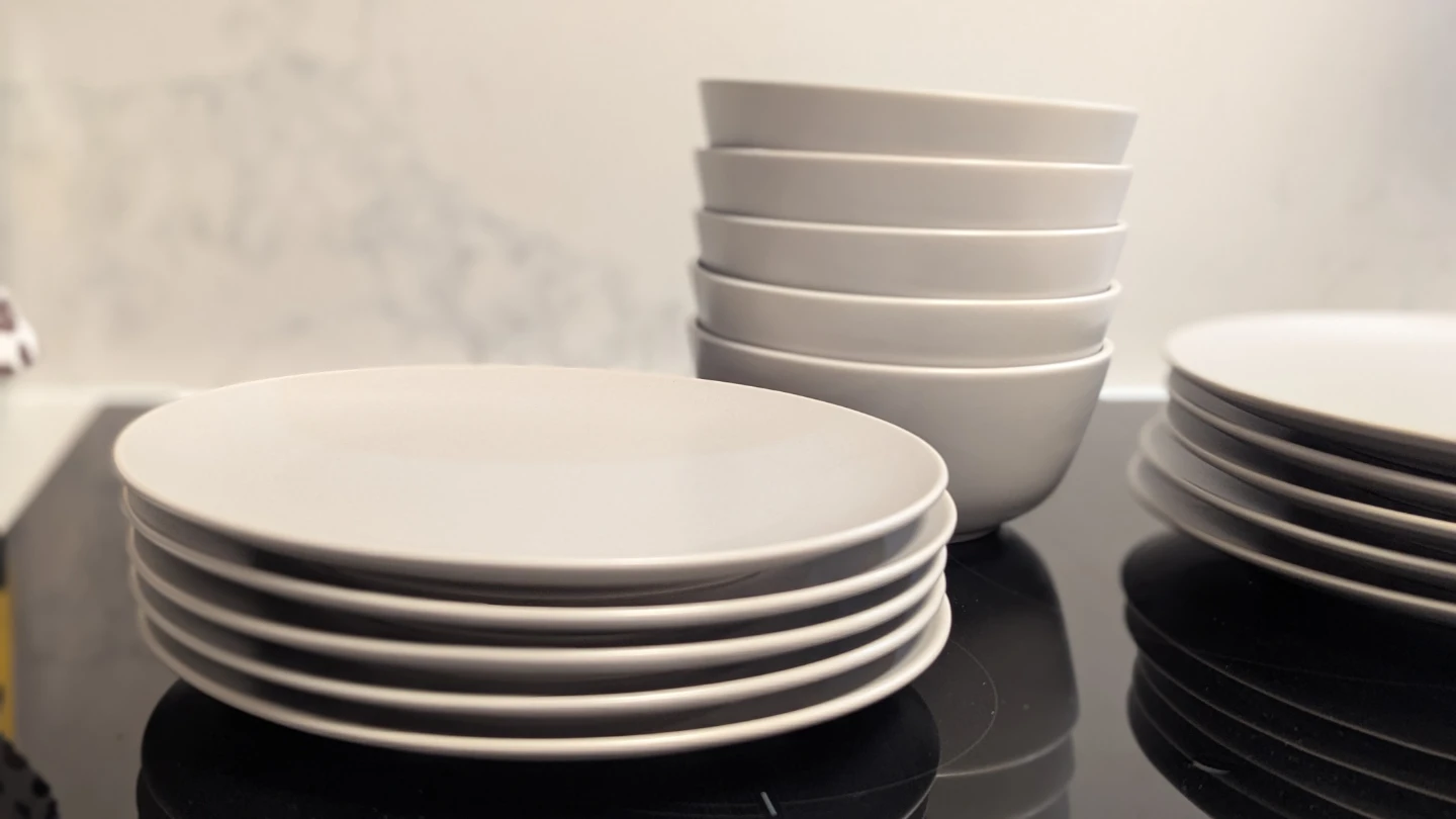 Set of 15 Grey Ceramic Dinner Plates (2 sizes) and Bowls - photo 2