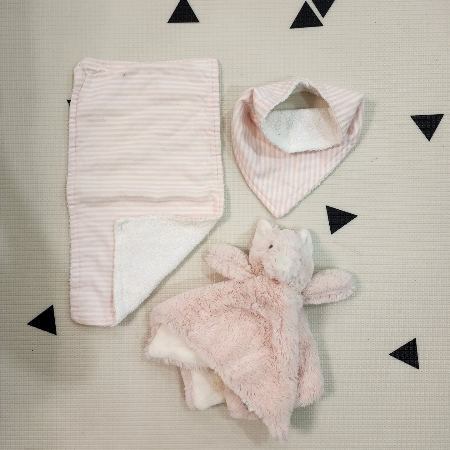Pink Striped Baby Bib, Burp Cloth, and Lovey Set