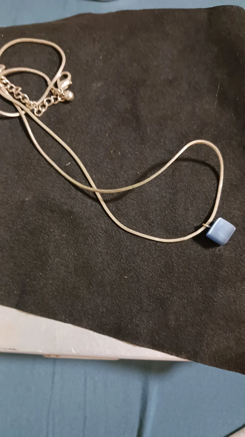 Silver Tone Necklace with Blue Cube Pendant