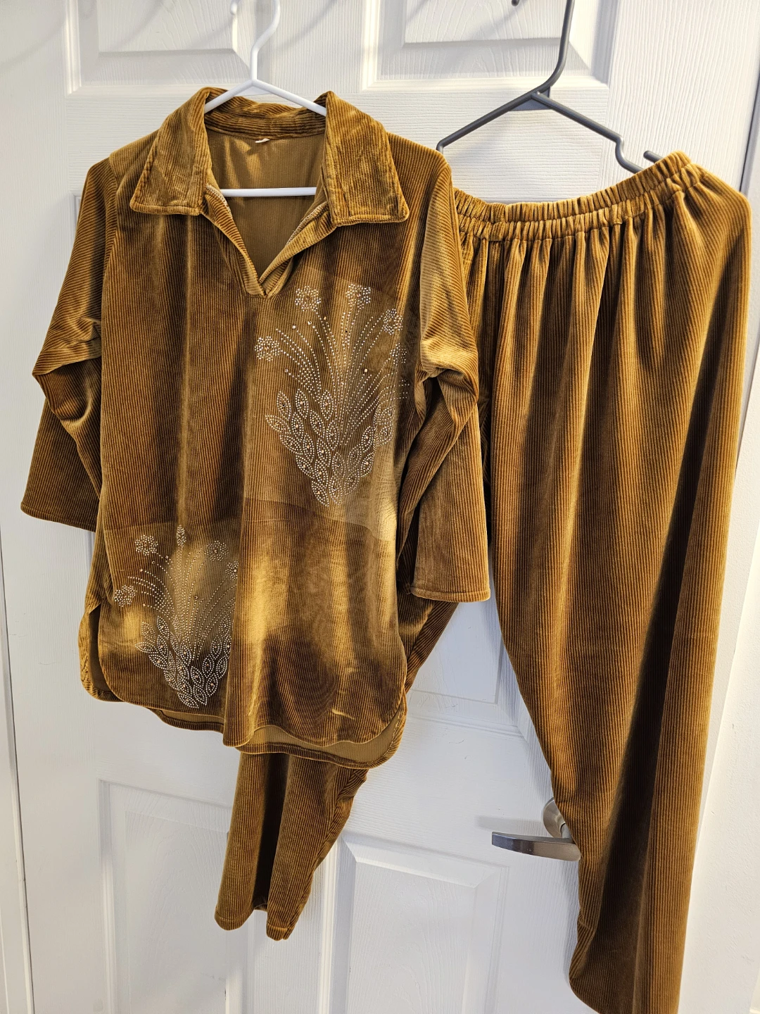 Brown Corduroy Pyjama Set with Rhinestone Embellishment