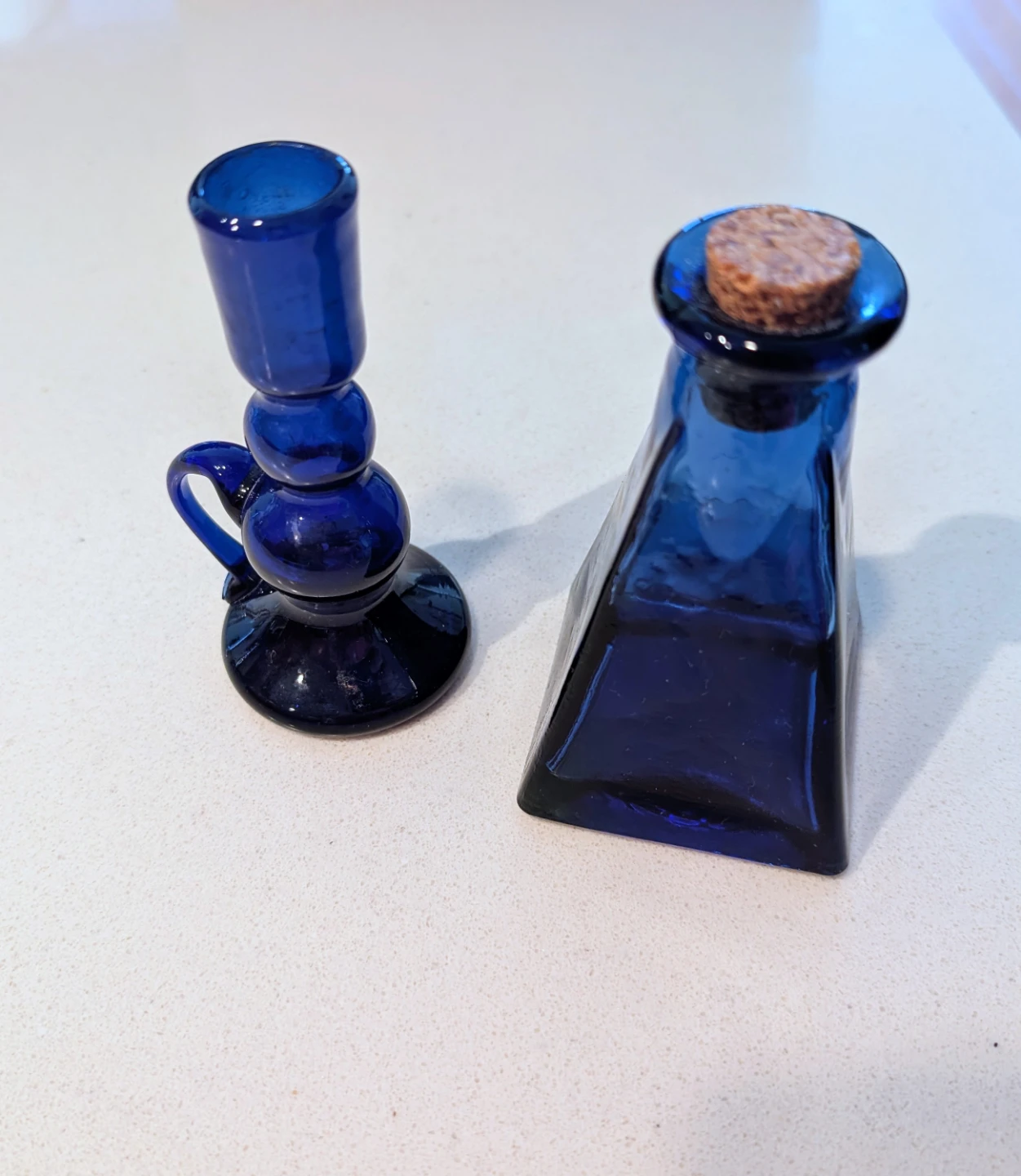 Cobalt Blue Glass Candlestick and Corked Bottle