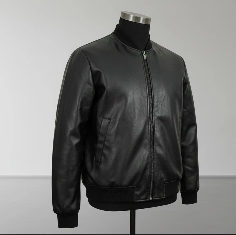 Forever 21 Men's Black Faux Leather Bomber Jacket - L