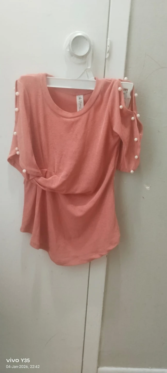 Peach Pearl Detail Cold Shoulder Top