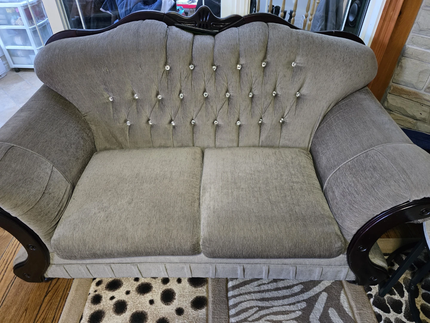 Tufted Upholstered Sofa with Crystal Accents