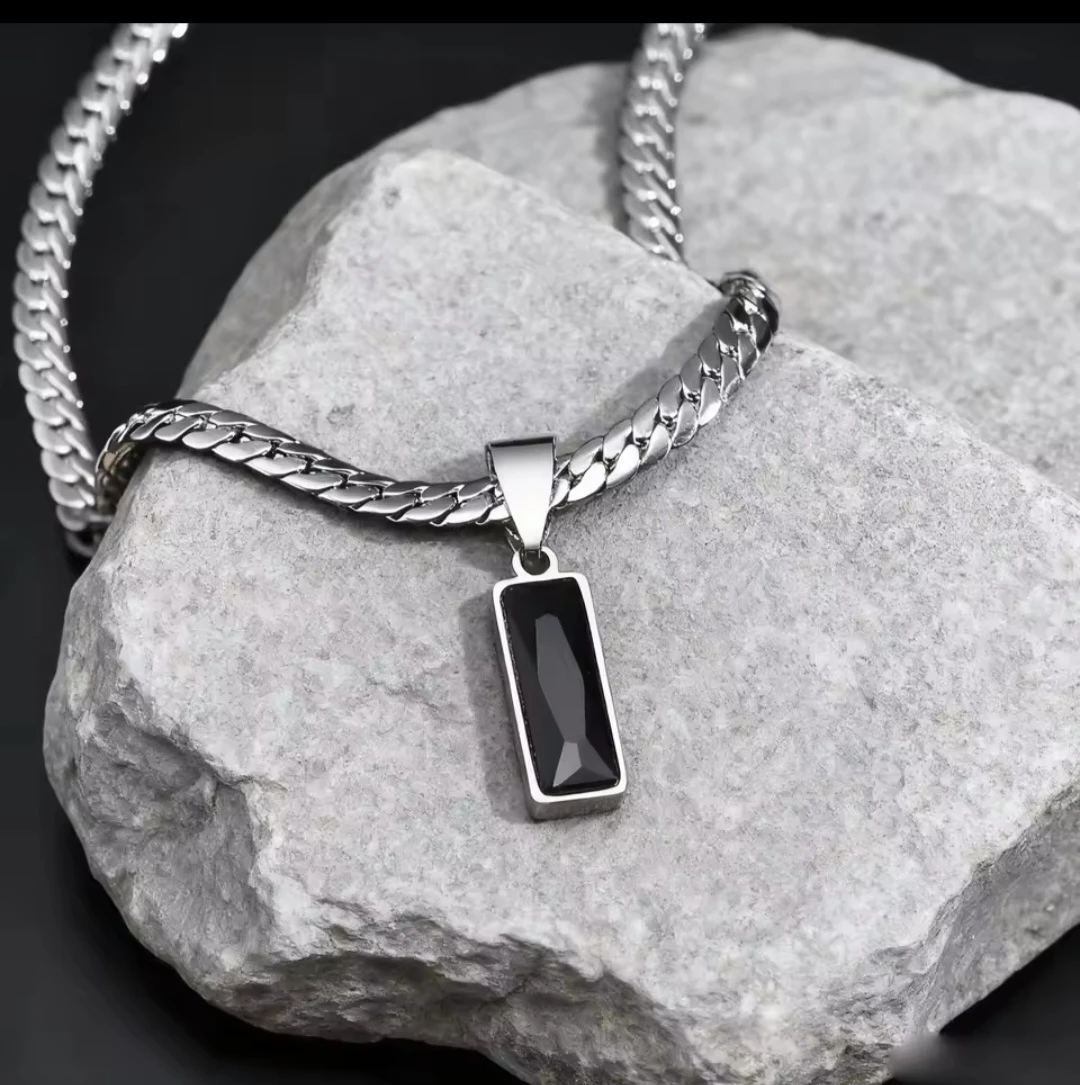 Men's Silver Chain Necklace with Black Stone Pendant