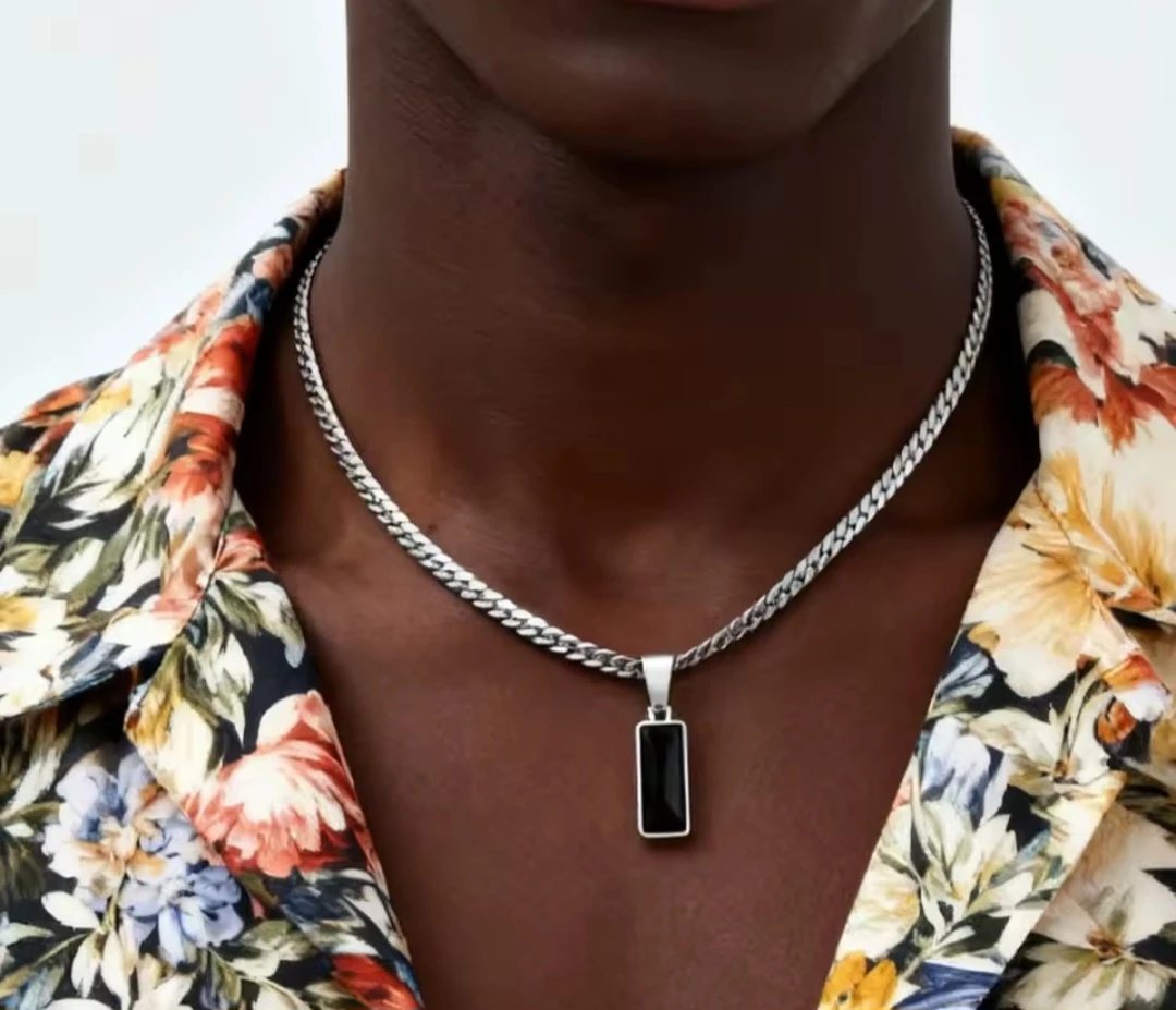 Men's Silver Chain Necklace with Black Stone Pendant - photo 2