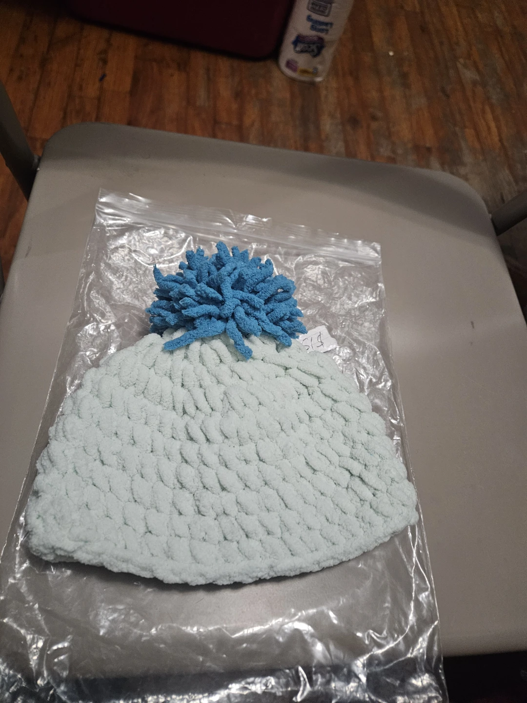 Light Blue Crochet Hat with Blue Pom Pom