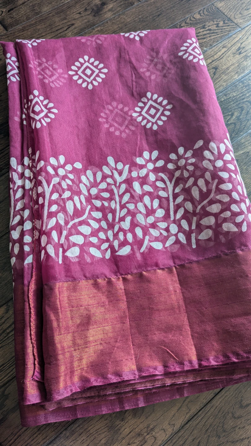 Burgundy Cotton Saree with White Print