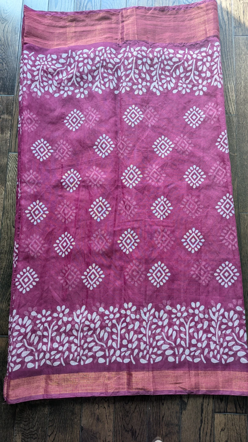 Burgundy Cotton Saree with White Print - photo 2
