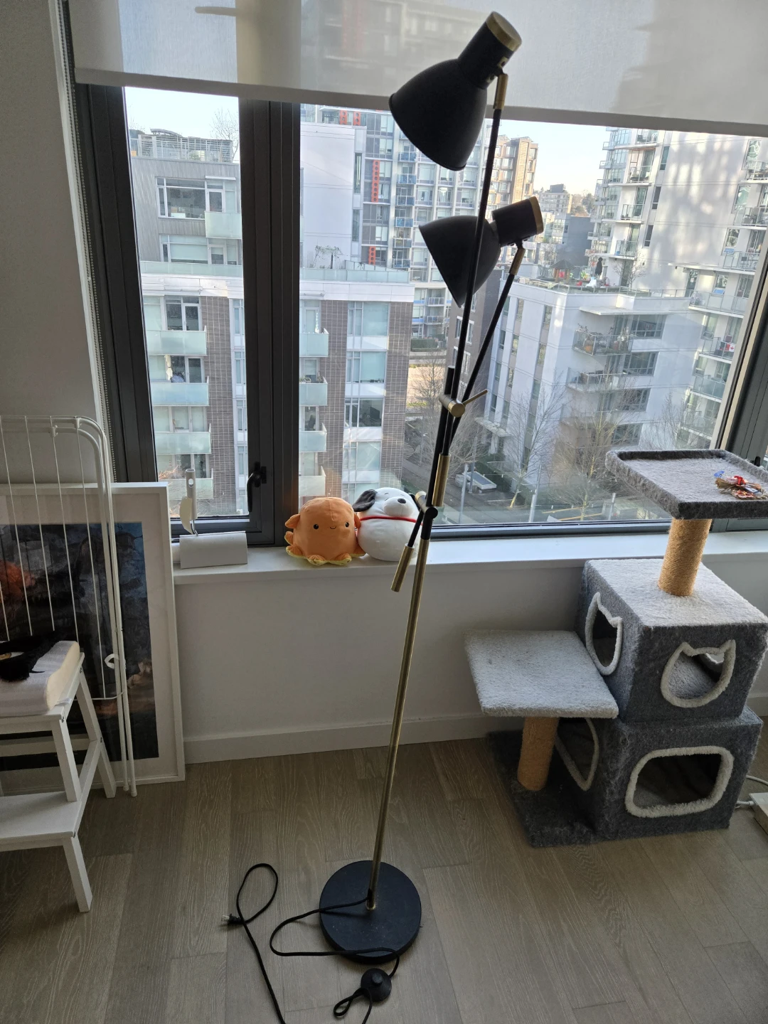 Black Dual Head Floor Lamp with Brass Accents