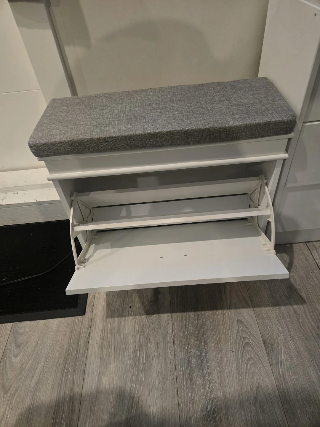 Shoe Storage Bench - White with Grey Cushion