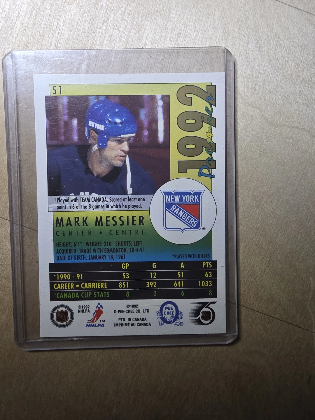 Mark Messier 1992 O-Pee-Chee Premier Hockey Card - photo 2