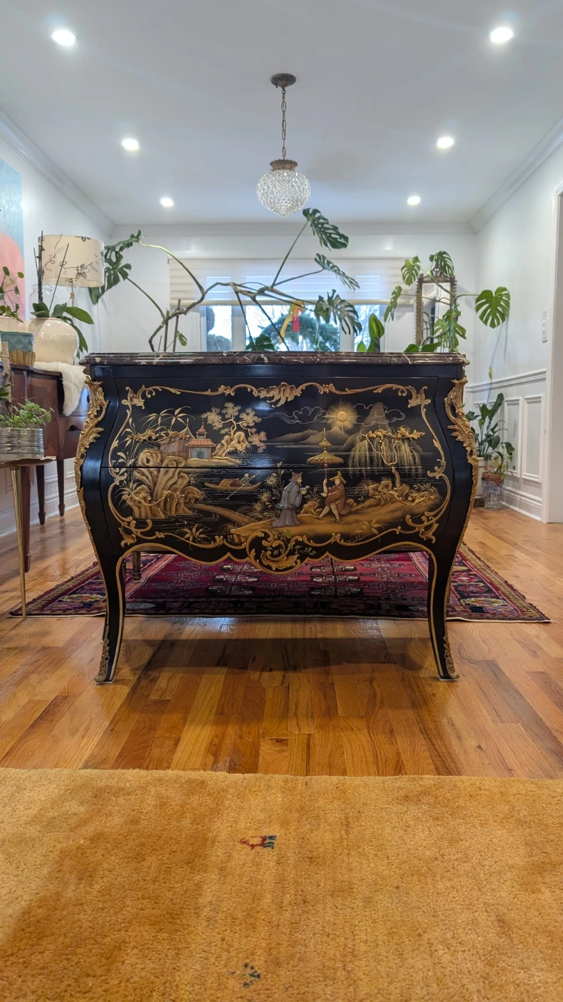 Vintage French Chinoiserie Black Lacquer Bombe Commode