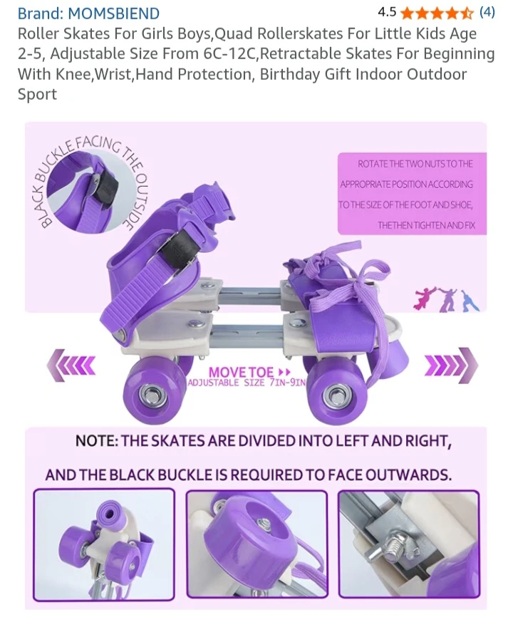 🥕 NEW!  MOMSBIEND Purple Adjustable Roller Skates (Size 6C-12C) - photo 3
