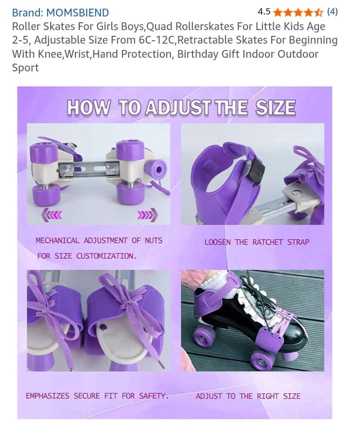 🥕 NEW!  MOMSBIEND Purple Adjustable Roller Skates (Size 6C-12C) - photo 4
