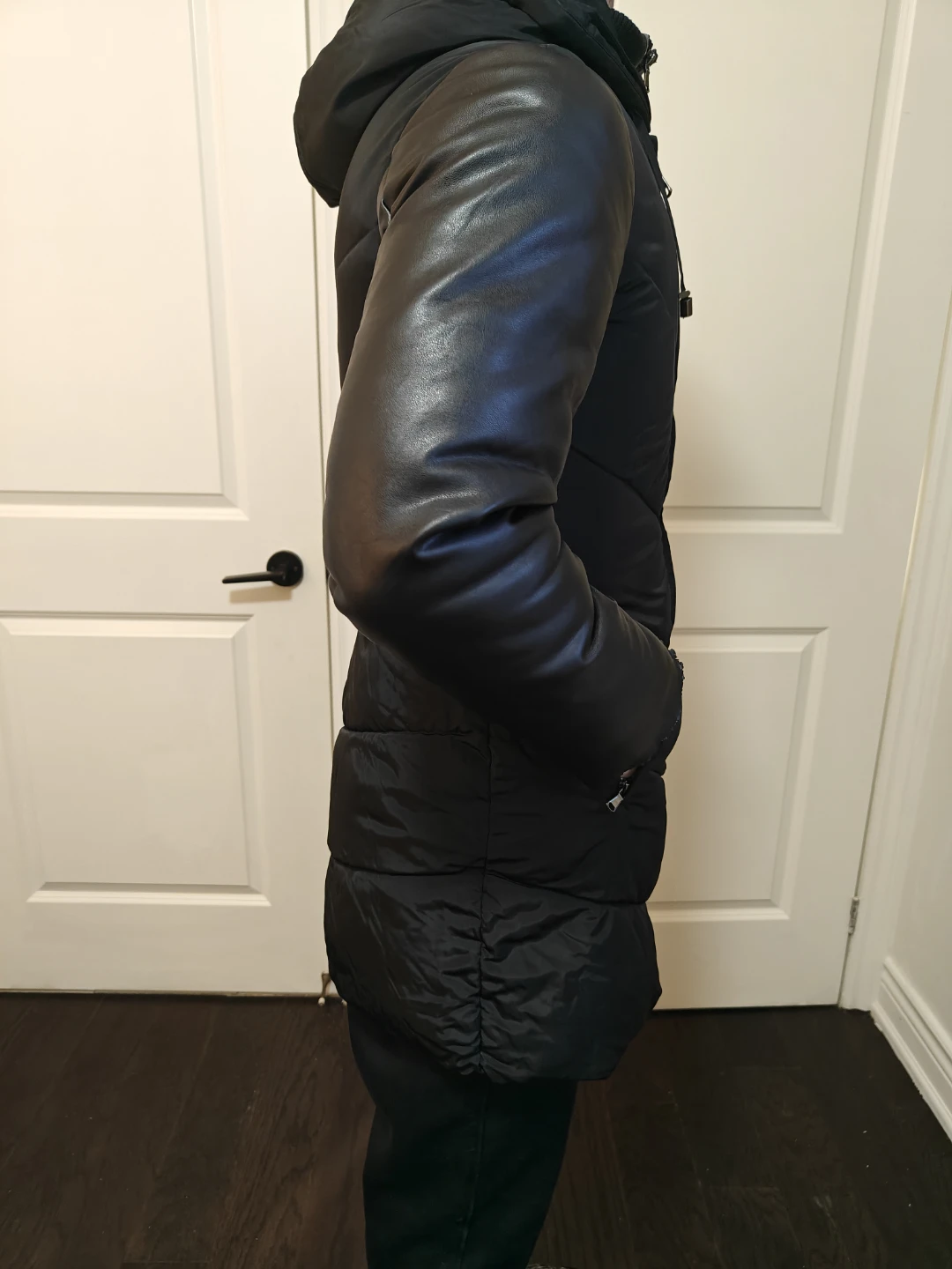 Black Puffer Coat with Faux Leather Sleeves - photo 3