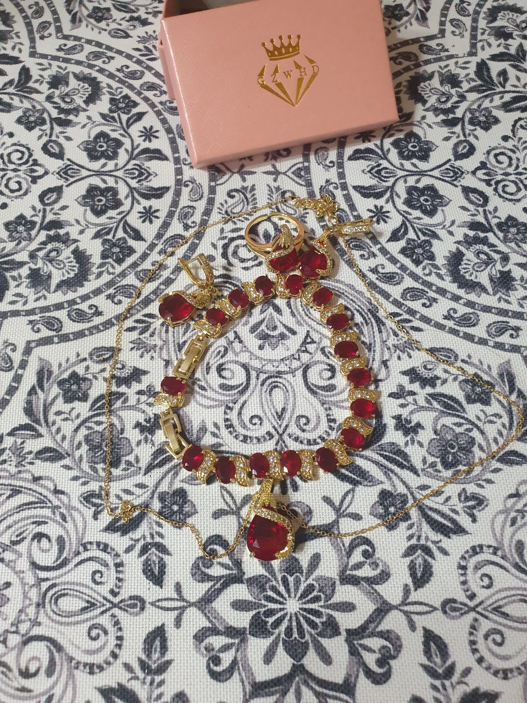 Gold Ruby Necklace, Bracelet, and Ring Set