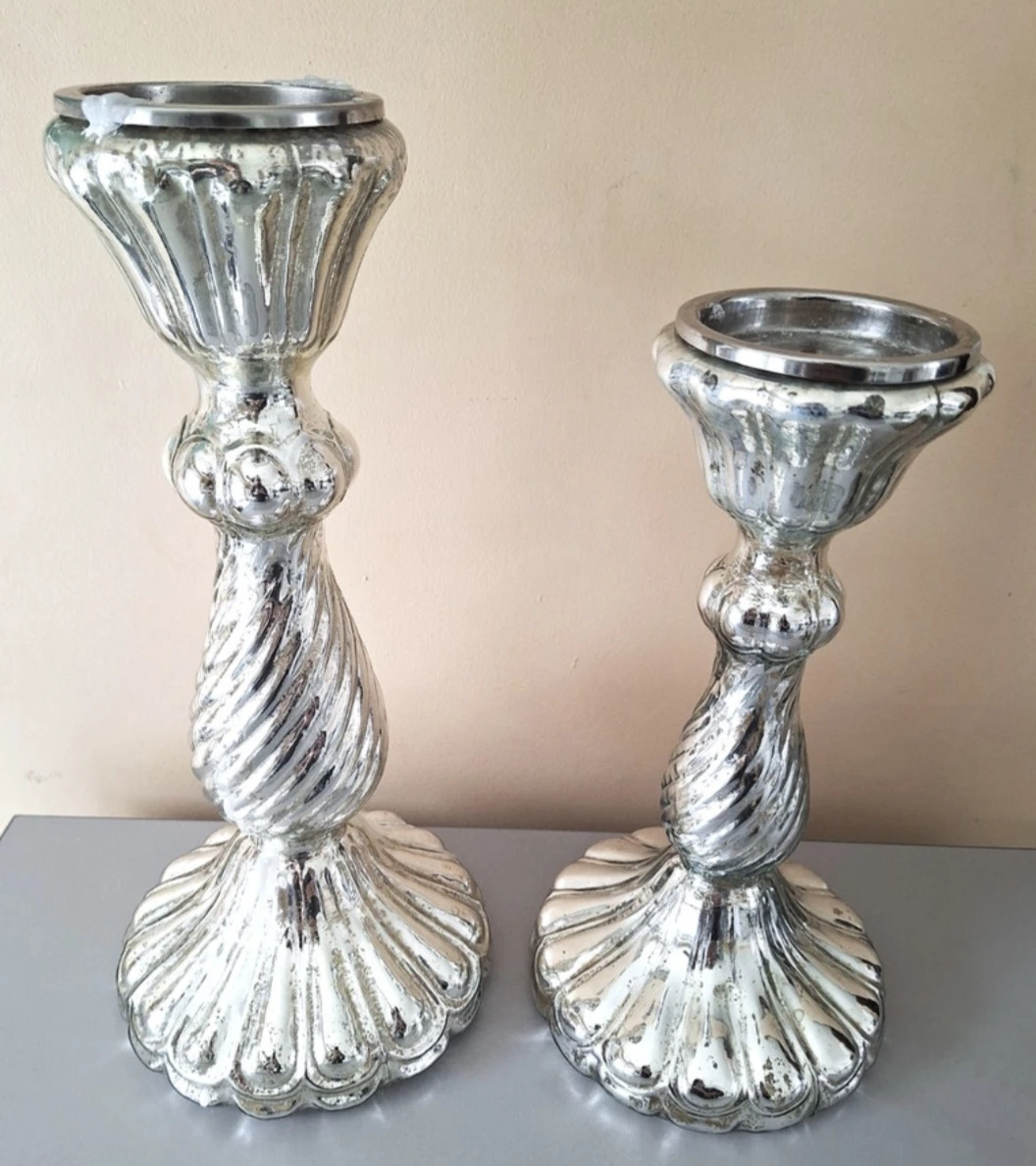Pair of Silver metal Candle Holders - 15" & 13" in height