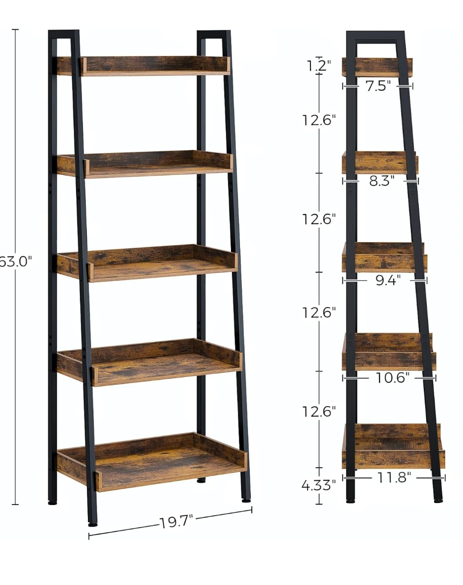 5-Tier Bookshelf, Rustic Brown Ladder Shelf