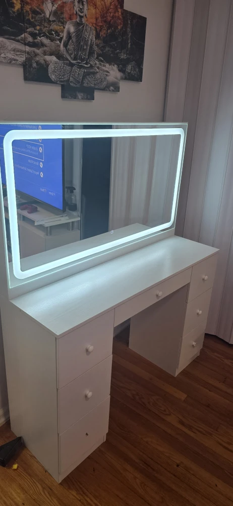 White Vanity Desk with LED Mirror and Built-in Power