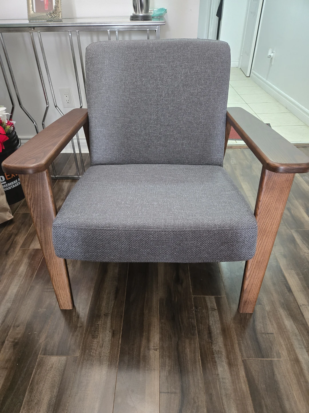 Grey Fabric Armchair with Wooden Frame