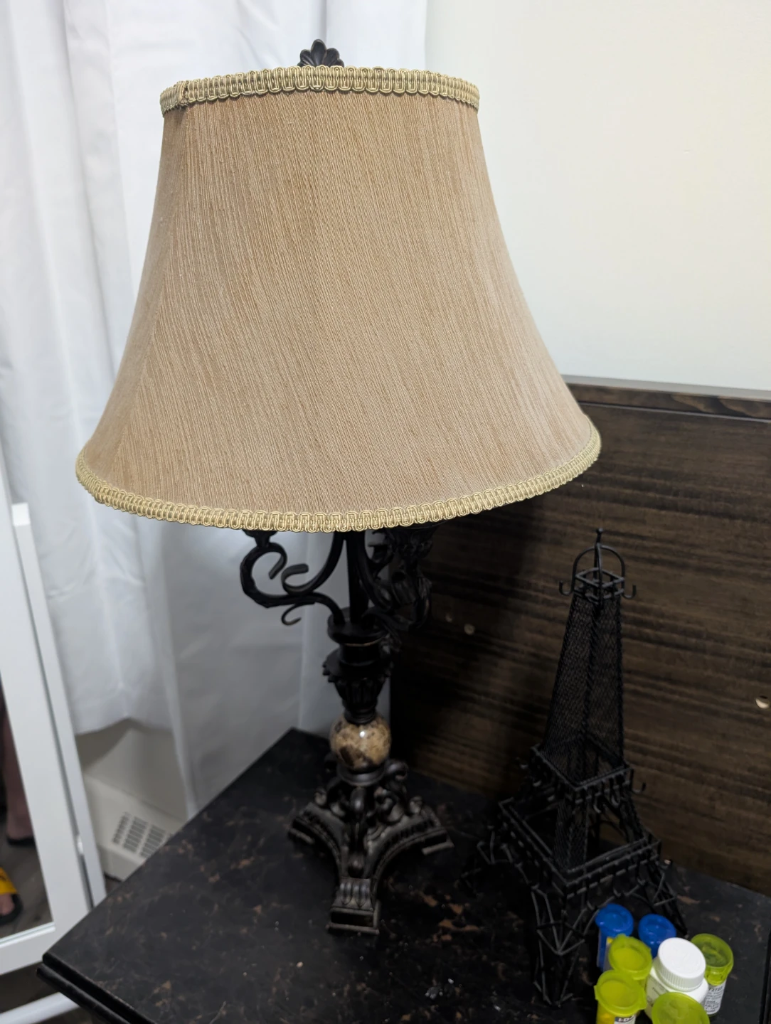 Ornate Black Table Lamp with Beige Shade