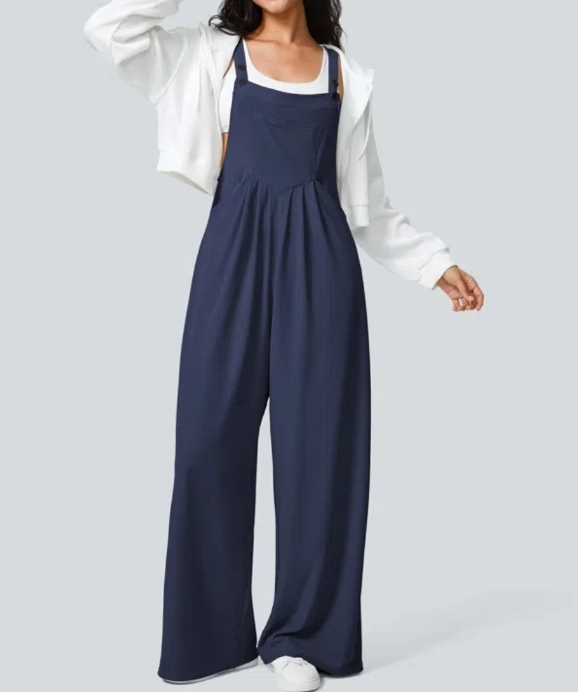 Halara Pocket Waffle Casual Overalls – Dark Blue (XL)