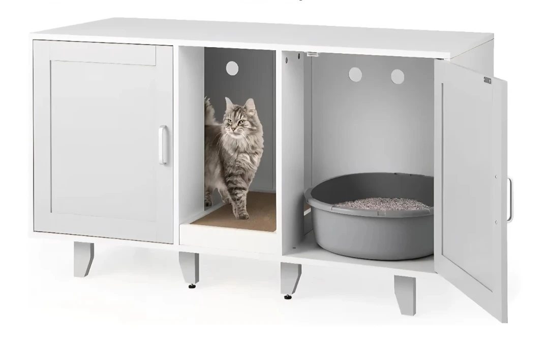 White Cat Litter Box Enclosure Furniture with Scratching Board