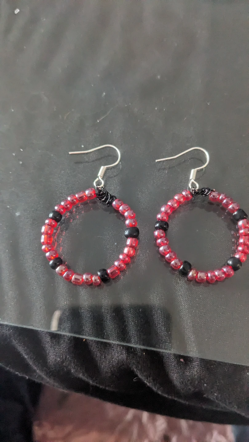 Red & Black Beaded Hoop Earrings