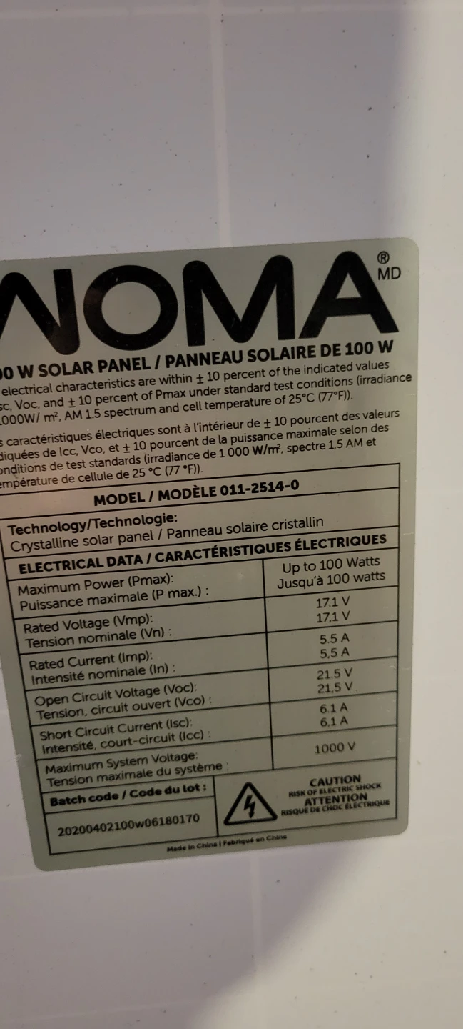 NOMA 100 W Solar Panel, Model 011-2514-0 - photo 2