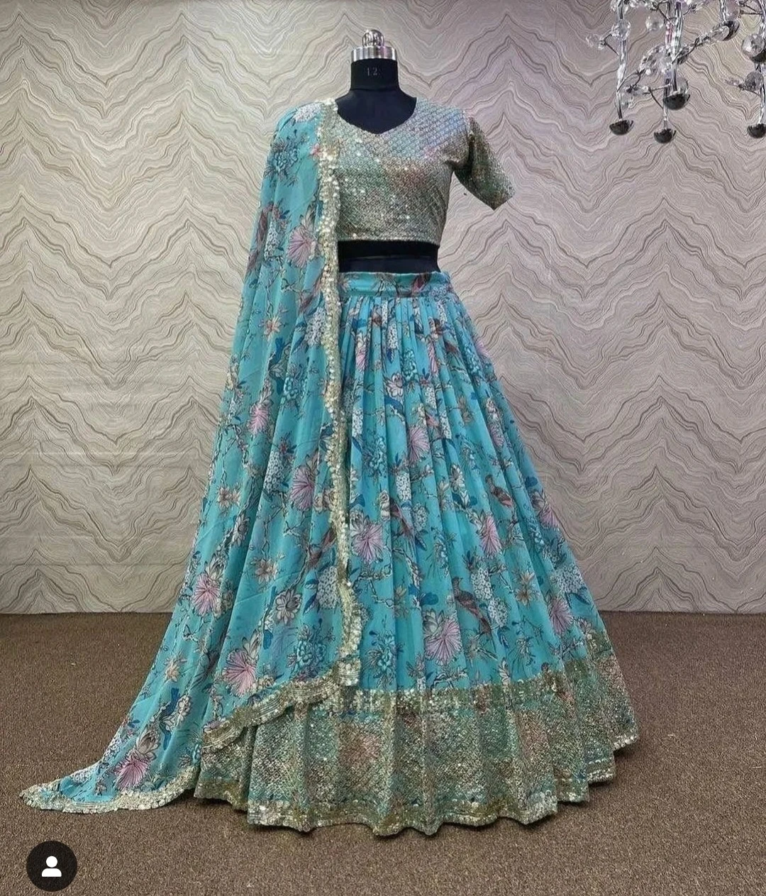 Floral Lehenga Choli Set - bbay blue & Gold
