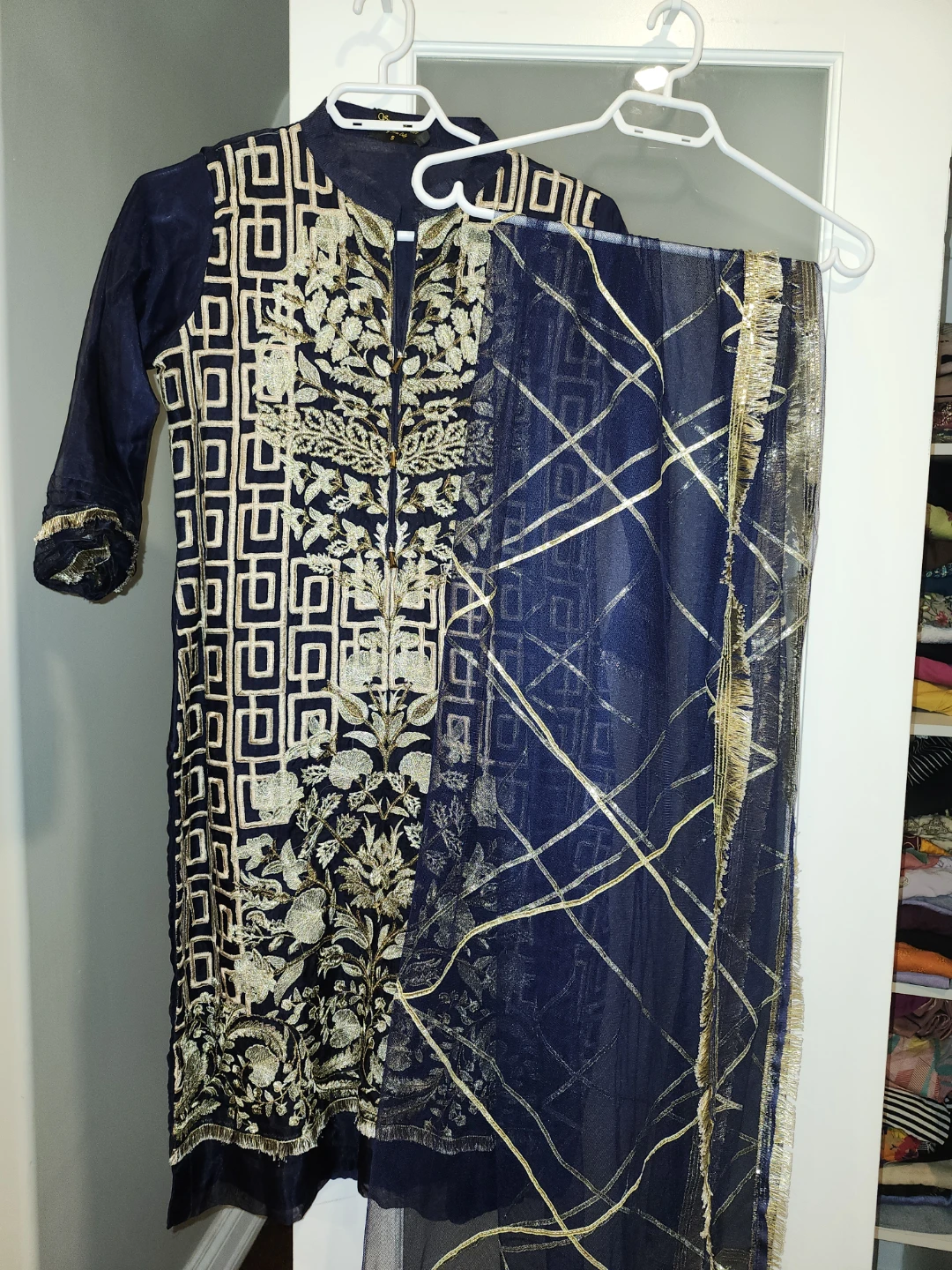 Navy Blue Embroidered Kurti with Dupatta