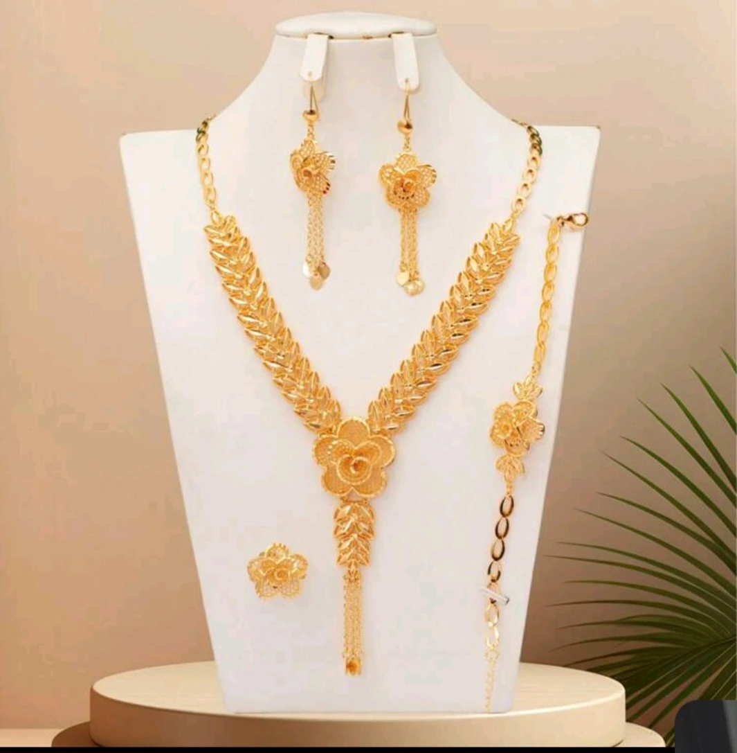 Gold Floral Jewelry Set - Necklace, Earrings, Bracelet, Ring