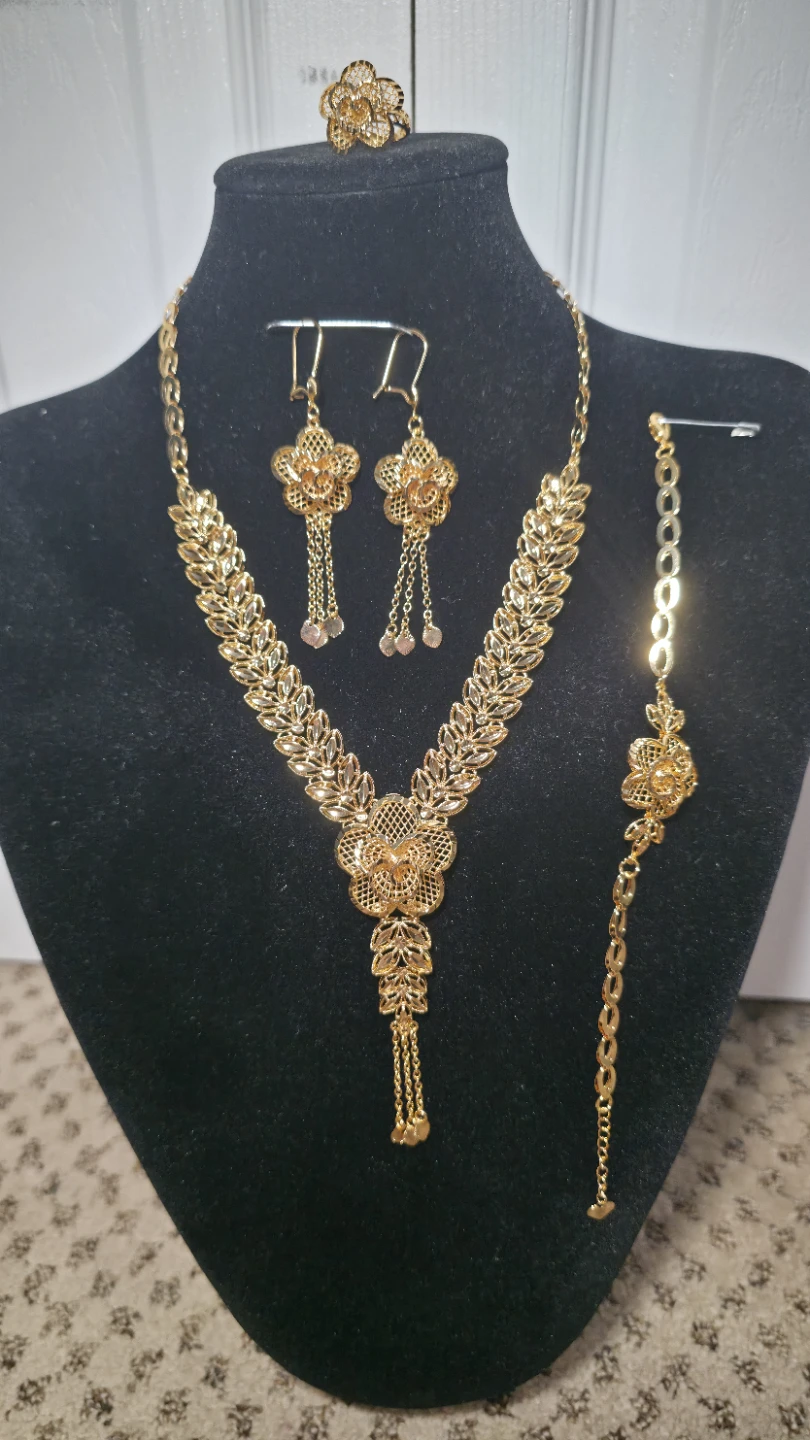 Gold Floral Jewelry Set - Necklace, Earrings, Bracelet, Ring - photo 3