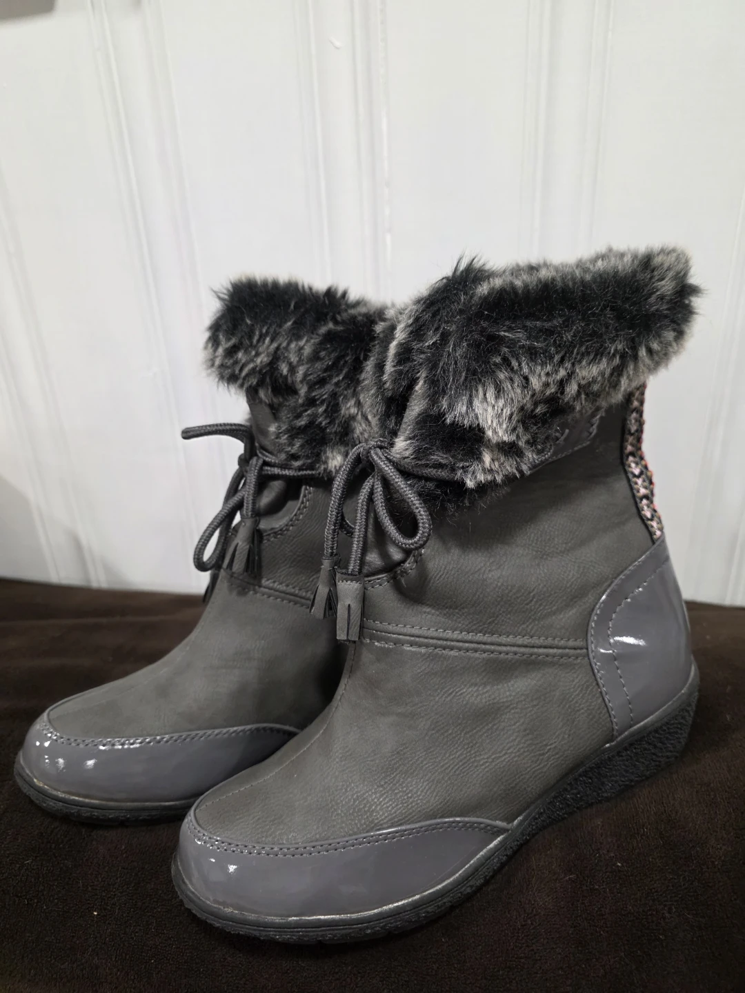 Grey  Boots with Faux Fur Trim