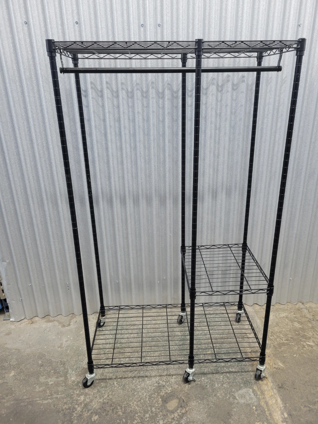 Black Metal Wire Garment Rack with Shelves and Wheels