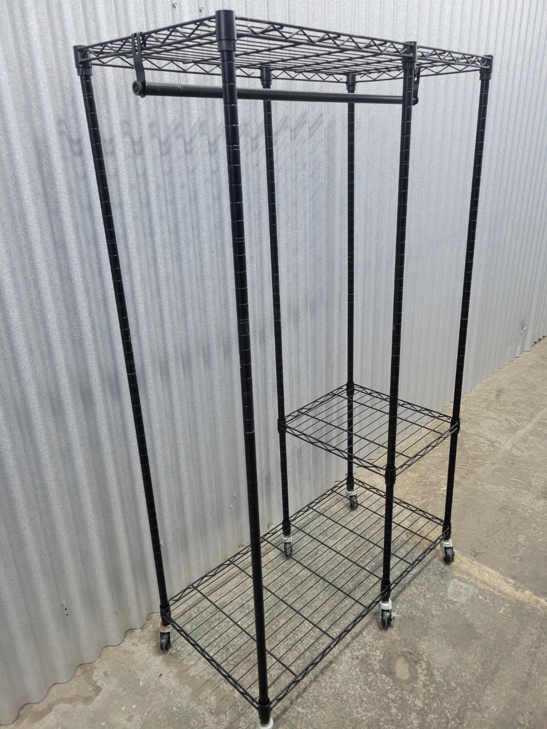 Black Metal Wire Garment Rack with Shelves and Wheels - photo 2
