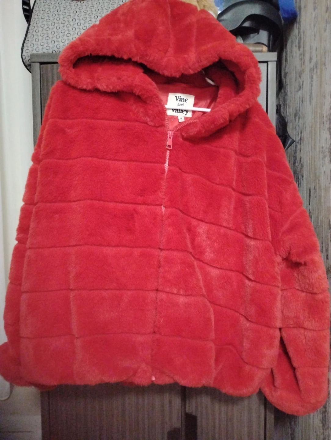 Vine and Vaney Red Faux Fur Hooded Jacket