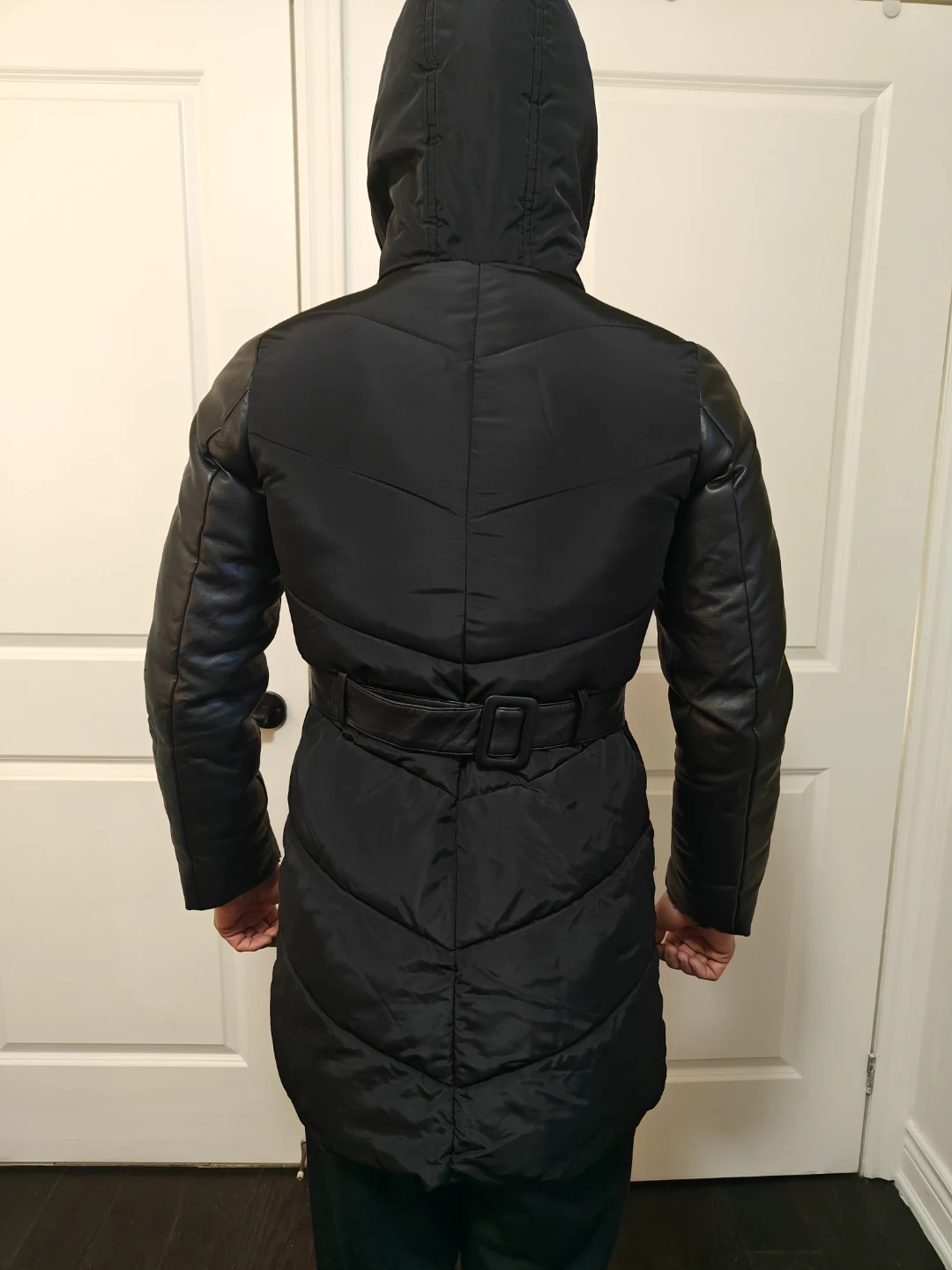 Black Puffer Coat with Faux Leather Sleeves - photo 4
