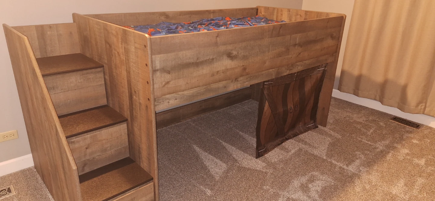 Wooden Loft Bed with Stairs and Dresser