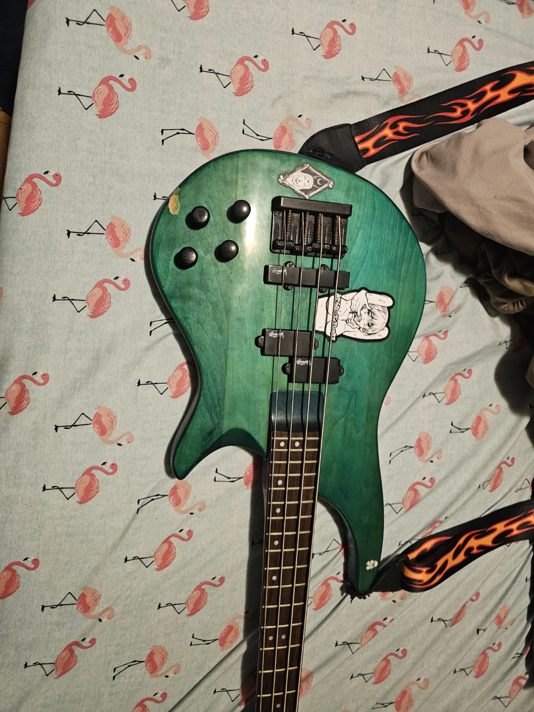 Green 4-String Bass Guitar with Flame Strap - photo 2