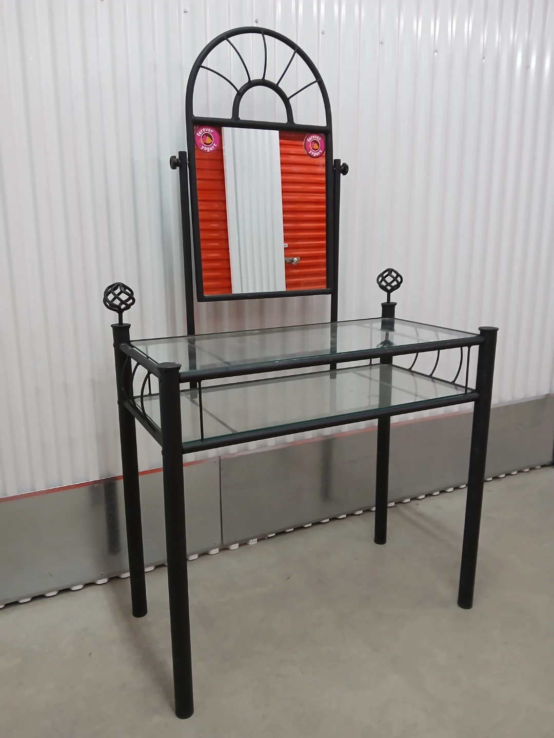 Glass Top Console Table with Arch Mirror, metal make up vanity