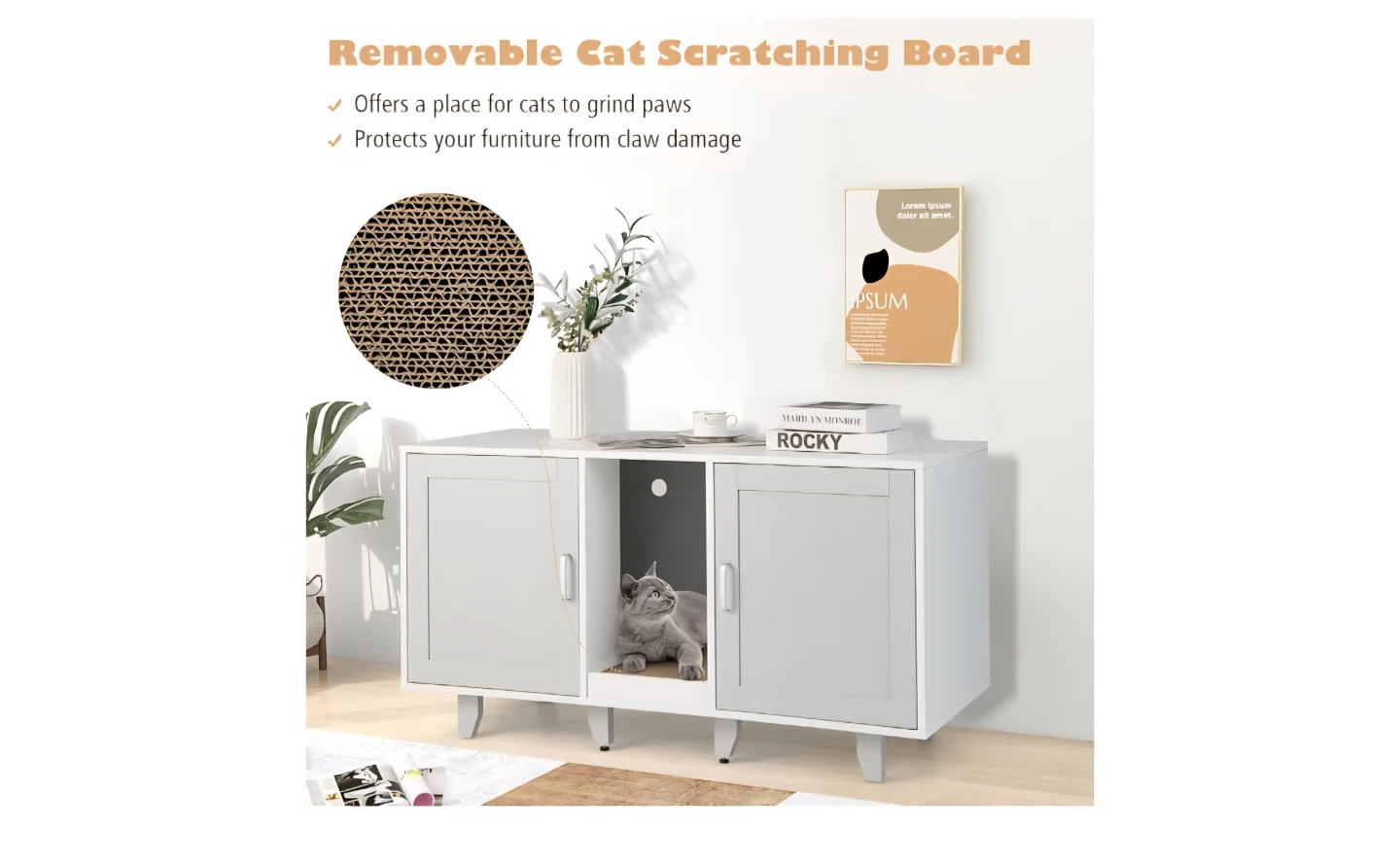 White Cat Litter Box Enclosure Furniture with Scratching Board - photo 2