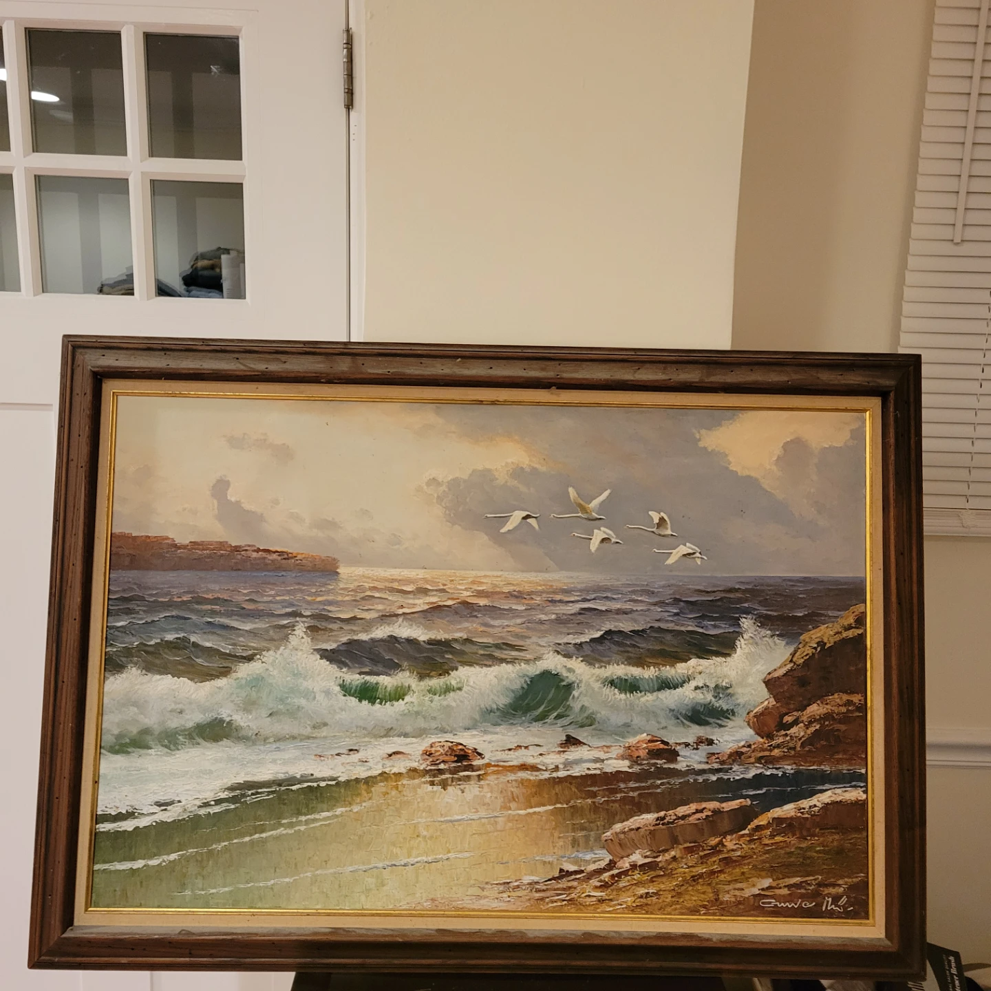 Original Oil Painting Seascape with Swans and Waves