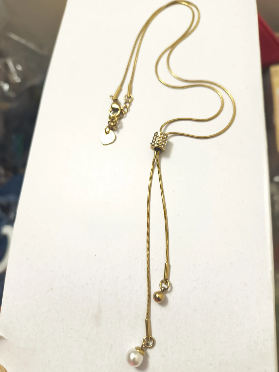 Gold Tone Pearl Lariat Necklace