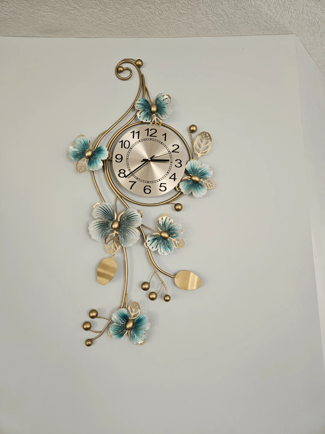 Floral Wall Clock - Gold & Teal Accent