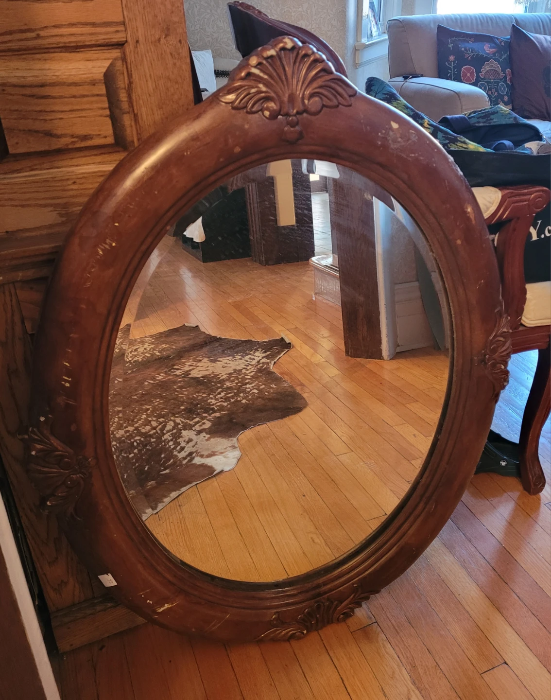 Ornate Oval Wall Mirror with Wooden Frame