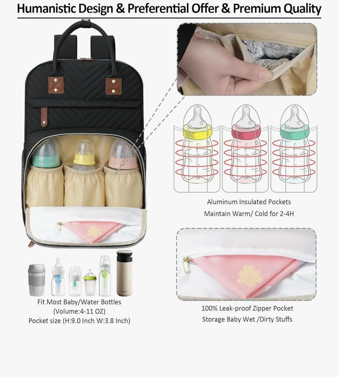 Black Diaper Bag Backpack with Insulated Bottle Pockets - photo 2
