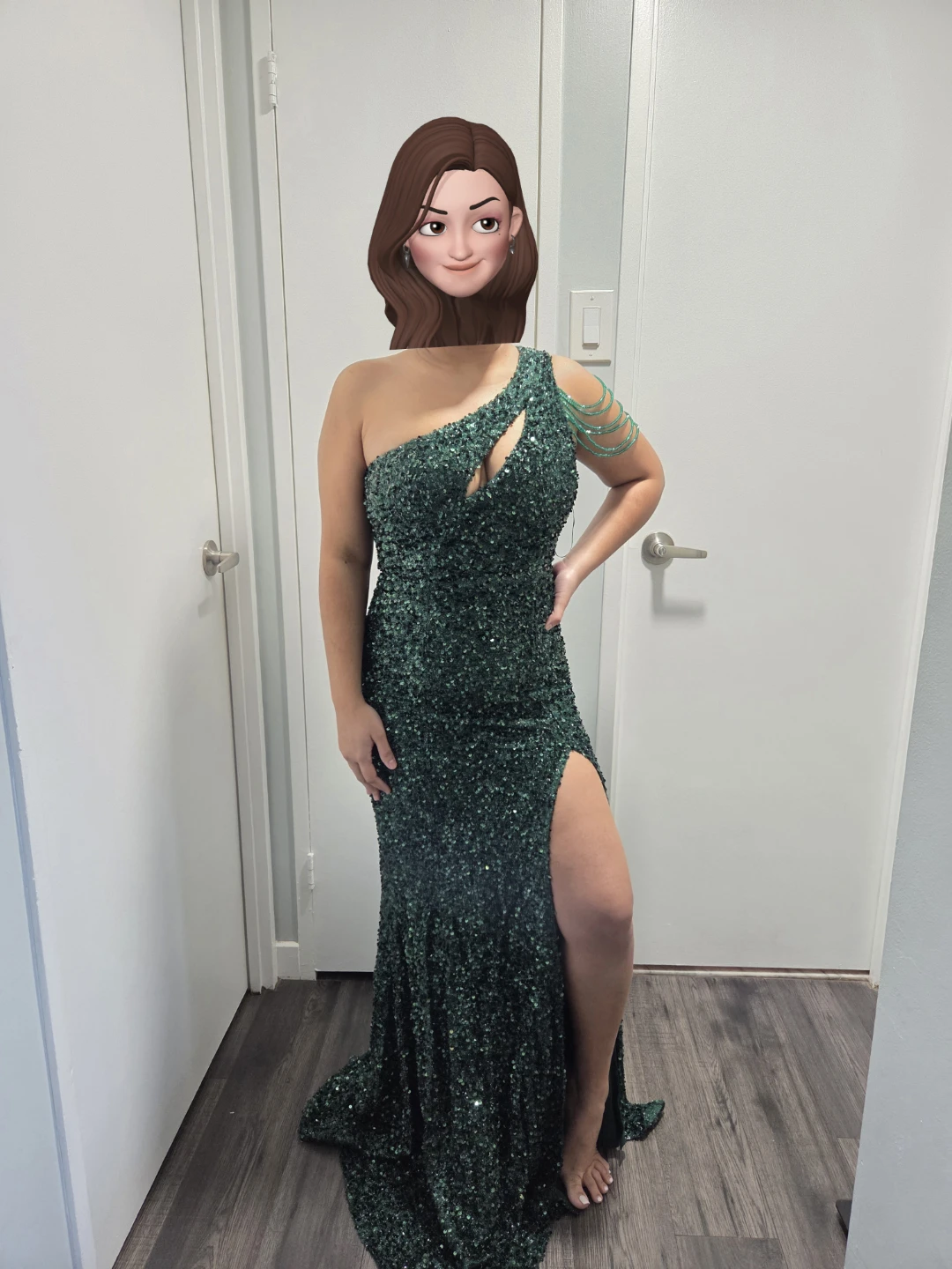 Green Sequin One-Shoulder Gown emerald