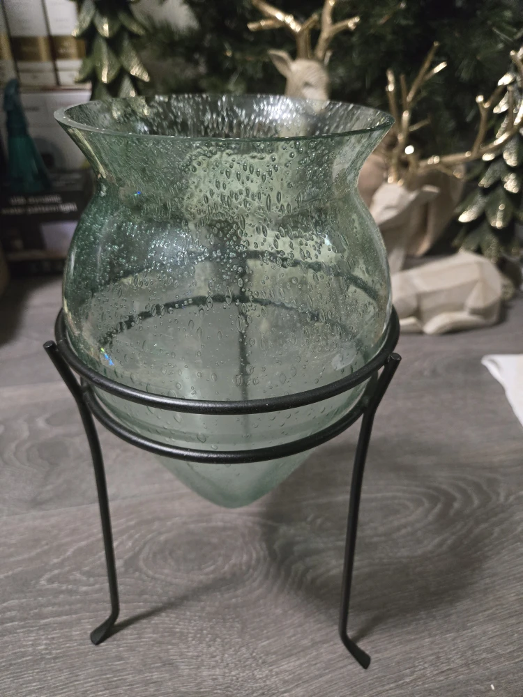 Green Glass Vase with Metal Stand
